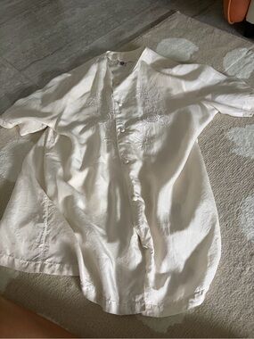 Ivory silk Embroidered Button-Up Blouse